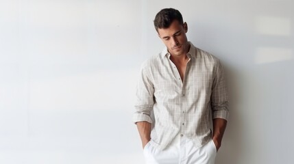 European man in a checkered shirt and white pants