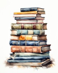 Watercolor pile of books isolated on white background.