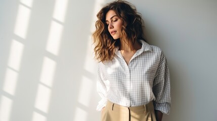 European woman in a checkered shirt and white pants