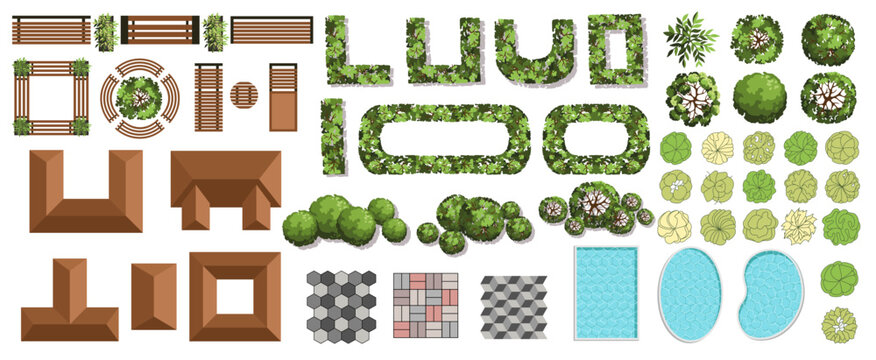 Landscape elements for master plans. Various trees, furniture, houses, pools, bushes, and tiles. Top view for the architectural plan. Vector illustration.