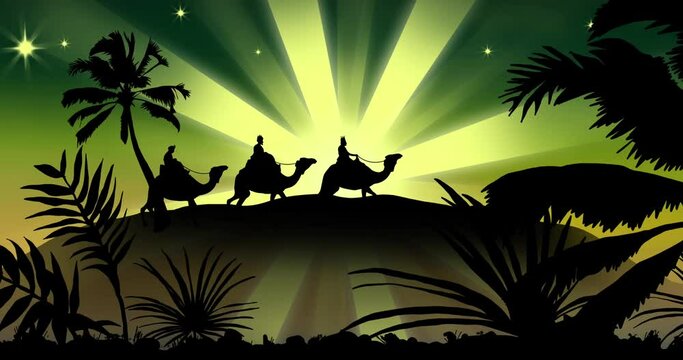 Animation of silhouette of three wise men on camels over shooting star on green background