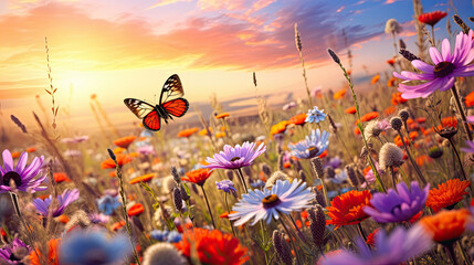 Obraz na płótnie Canvas bee and butterfly on wild field floral sunny field meadow ,daisies, cornflowers,lavender ,poppy flowers and old village on horison at summer morning ,sunset sky