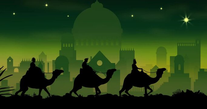 Animation of silhouette of three wise men on camels over cityscape on green background