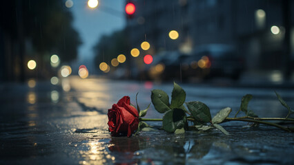 A rose abandoned on a city street at night, signifying the breakup of lovers.