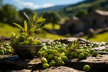 Fototapeten Essence of a fresh green olive grove during harvest season. © mitarart