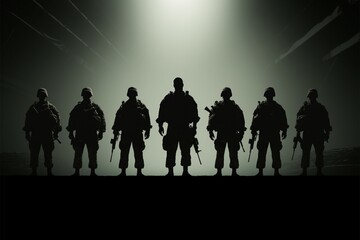 A minimalist side silhouette captures the disciplined shadow of army soldiers