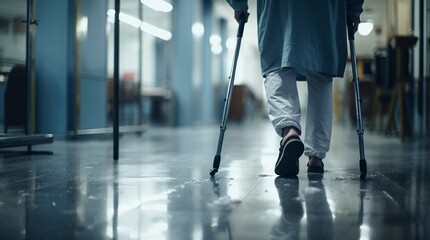 persona caminando con muletas en un hospital