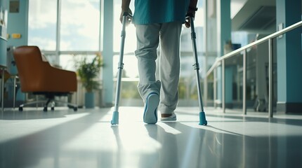 persona caminando con muletas en un hospital - obrazy, fototapety, plakaty