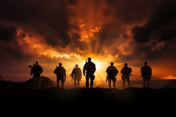 Fototapeta premium A powerful backdrop frames the commanding presence of soldiers silhouettes