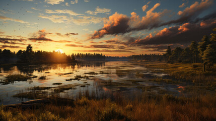 Fototapeta premium A sunset over a natural lake in the wilderness