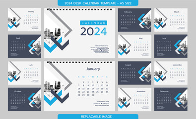 Desk Calendar 2024 template - 12 months included - A5 Size