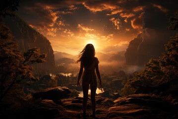 Fototapeta premium Young woman with long hair fluttering in the wind at sunset the sun in the field with her back