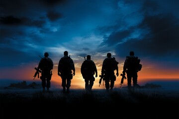 Fototapeta na wymiar A quartet of soldiers in silhouette portrays a strong, cohesive unit