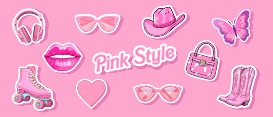Set Female pink cowboy hat isolated illustration girl wears boots. Wild west theme. Vector Western illustration for party poster or stickers. Girl power, glamour cowgirl pink style barbiecore barbie - obrazy, fototapety, plakaty