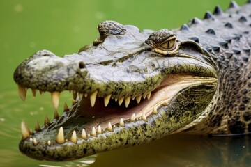 Obraz premium Crocodile with its mouth wide open with a green lake in the green background.