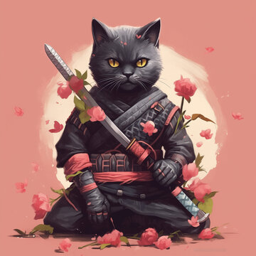 刀を抜いて座る黒い忍者猫