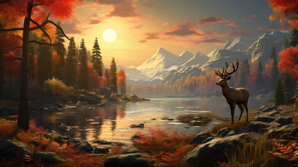 Illustration of a landscape with a deer by a lake and mountains in the background