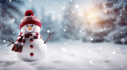 Happy snowman in the winter scenery.