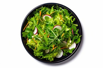 Healthy fresh green salad plate shot from above on white background. - obrazy, fototapety, plakaty
