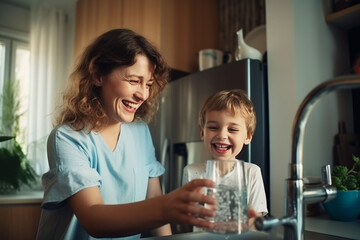 Сharming woman holding a glass of water in her hand and kid are sitting in the kitchen. Сheerful, smiling mom and a boy are chatting happily. Loving mother communicates with her son at home.