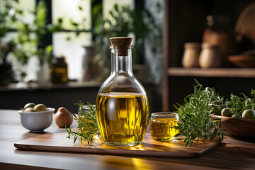Olive oil bottle on a rustic kitchen countertop.