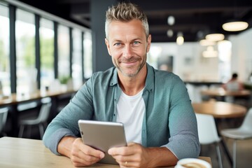 Fototapeta premium Cheerful Caucasian middle-aged man in casual clothes with tablet and cup of coffee. Happy smiling mature businessman, successful entrepreneur or employee works remotely in office or coworking cafe.