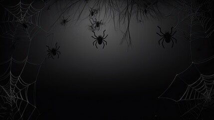 Halloween background with spiders and web on dark background.  Banner illustration copy space, ai generative