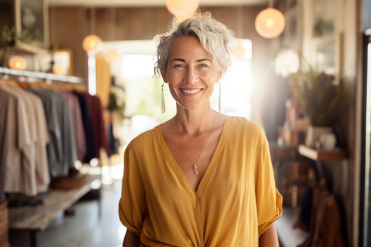 Beautiful elegant owner or manager in a women's clothing and accessories store. Middle aged woman with elegant short haircut greets customers. Successful small business in beauty and fashion industry.