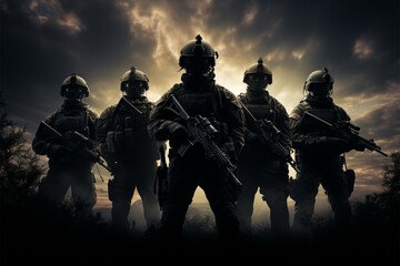 Airsoft enthusiasts silhouettes form a united front, ready for action - obrazy, fototapety, plakaty