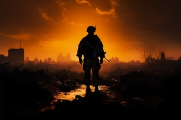 Amidst the tumult of war, a solitary soldiers silhouette stands