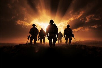 Fototapeta na wymiar An awe inspiring, photorealistic depiction of a silhouetted soldier team