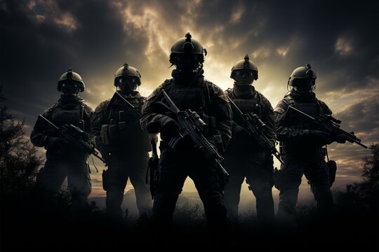 Airsoft enthusiasts silhouettes form a united front, ready for action