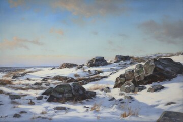 An oil painting depicting a snowy tundra landscape. Generative AI - obrazy, fototapety, plakaty