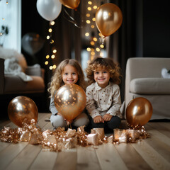 Boy and girl in the living room surrounded by balloons and presents