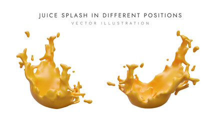 3D vector splashes of juice in different positions. Colored vector isolated illustration. Juicy product. Concept of bright and tasty drink made from natural ingredients