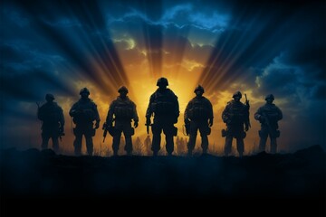 Fototapeta na wymiar Army soldier silhouettes stand as symbols of courage, Brave in the Dark