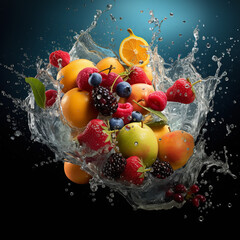 Fruit splashing into water, banana, apple, oranges, grapes, coconut