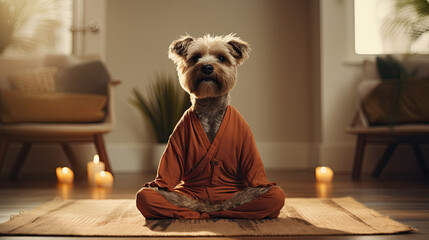 A meditating dog sits cross-legged - obrazy, fototapety, plakaty