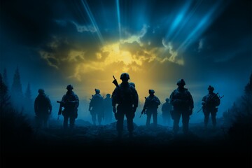 Obraz na płótnie Canvas Brave in the Dark Army soldier silhouettes embody valor