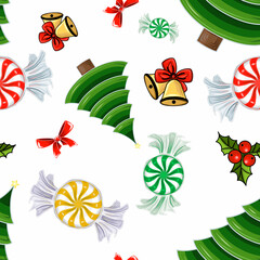 Fototapeta na wymiar Seamless pattern of spruce, holly, bells and bow, multi-colored candy Watercolor hand drawn illustration for various design, decorating backdrops, textile making, packaging, wrapping paper.