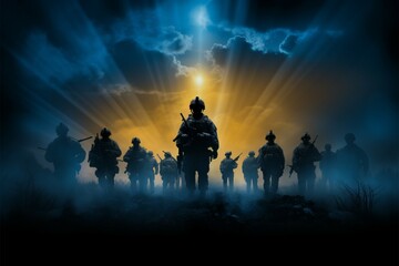 Obraz na płótnie Canvas Brave in the Dark portrays the valor of army soldier silhouettes