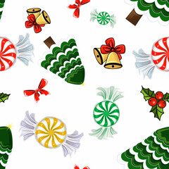 Seamless pattern of spruce, holly, bells and bow, multi-colored candy Watercolor hand drawn illustration for various design, decorating backdrops, textile making, packaging, wrapping paper.