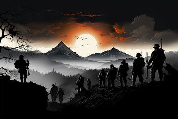 Fototapeta premium Brave silhouettes of the Chinese Eighth Route Army in wartime