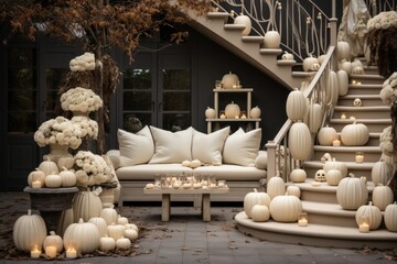 Fototapeta na wymiar Fabulous sleek home with autumn decoration pumpkins, wheat and flowers. Halloween and autumn arrangements on house entrance and exterior.