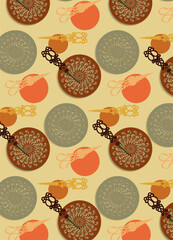 Seamless pattern with curcles and scissors the beige background.