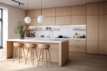 Modern scandinavian, minimalist interior design of kitchen with island