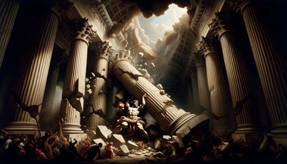 Samson's Final Act: The Collapse of the Philistine Temple - obrazy, fototapety, plakaty