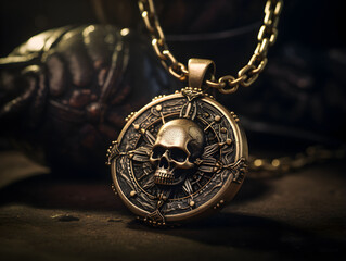 pirate necklace, silver skull medal, golden skull medal, pirate treasure for a pirate event, pirate...