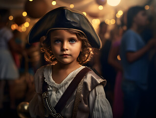 Pretty little boy in a pirate ship during a party, on pirate costume for a birthday party, pirate...