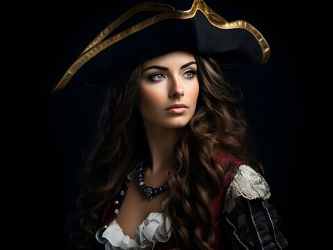 Woman dressed up as a pirate, beautiful woman in a pirate costume with a tricorn hat, halloween costume parzty, coat, historical costume, pirate captain